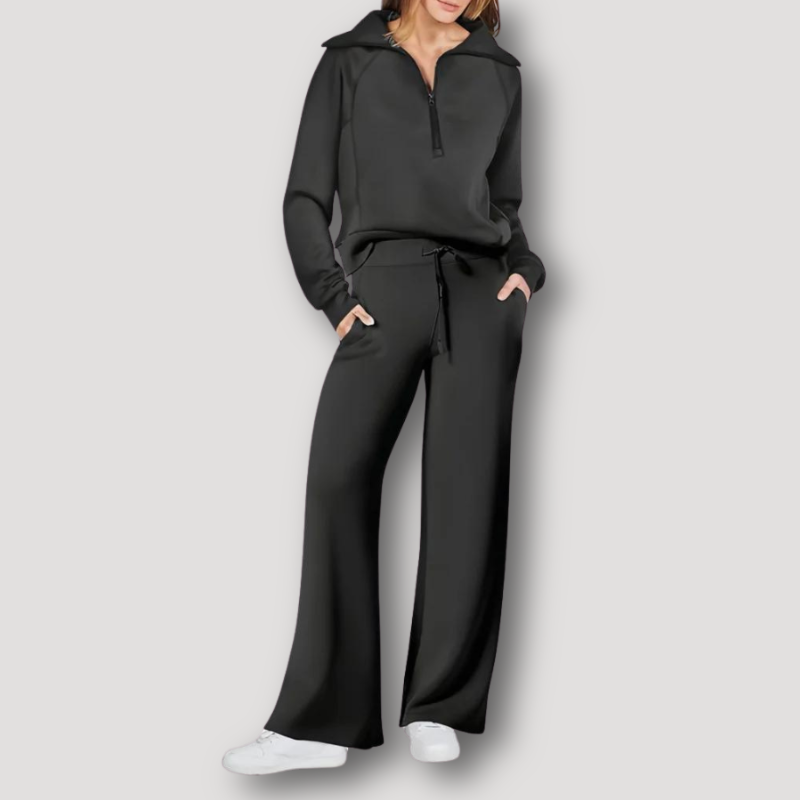 Dame Loungewear Sæt - Langærmet Half-Zip Pullover - Højtaljede Wide-Leg Bukser