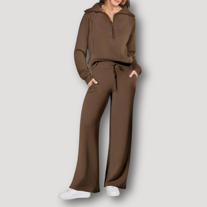 Dame Loungewear Sæt - Langærmet Half-Zip Pullover - Højtaljede Wide-Leg Bukser