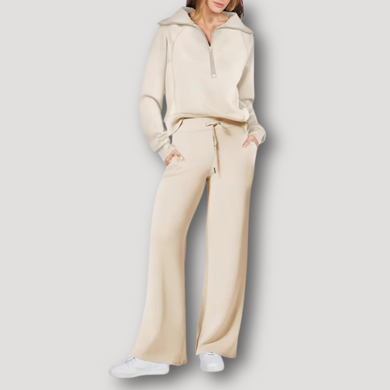Dame Loungewear Sæt - Langærmet Half-Zip Pullover - Højtaljede Wide-Leg Bukser