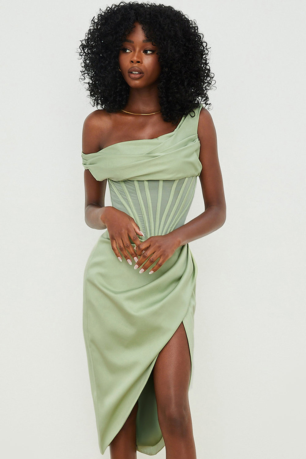 Kjole til kvinder – Midi – Satinlook – Korseletliv – Asymmetrisk Off-Shoulder
