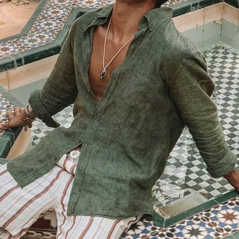 Men's Shirt in Linen - Breathable and Light - Long-Sleeved - Relaxed Fit - Button Closure