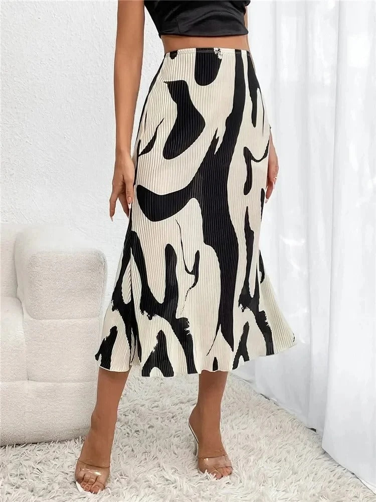 Dame Midi Nederdel - Høj Talje - A-formet - Let og Flowy - Mønstret Design