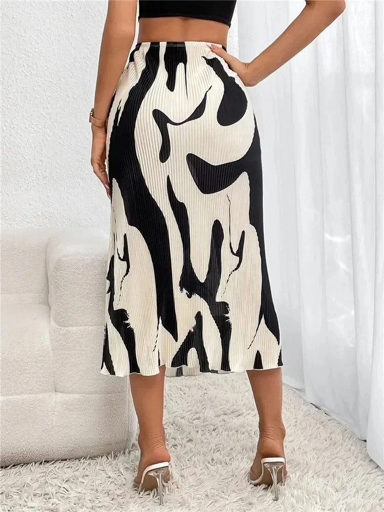 Dame Midi Nederdel - Høj Talje - A-formet - Let og Flowy - Mønstret Design
