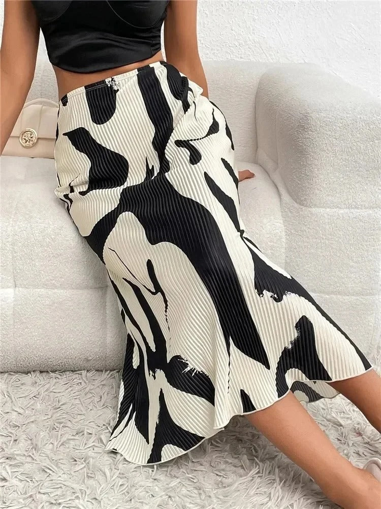 Dame Midi Nederdel - Høj Talje - A-formet - Let og Flowy - Mønstret Design