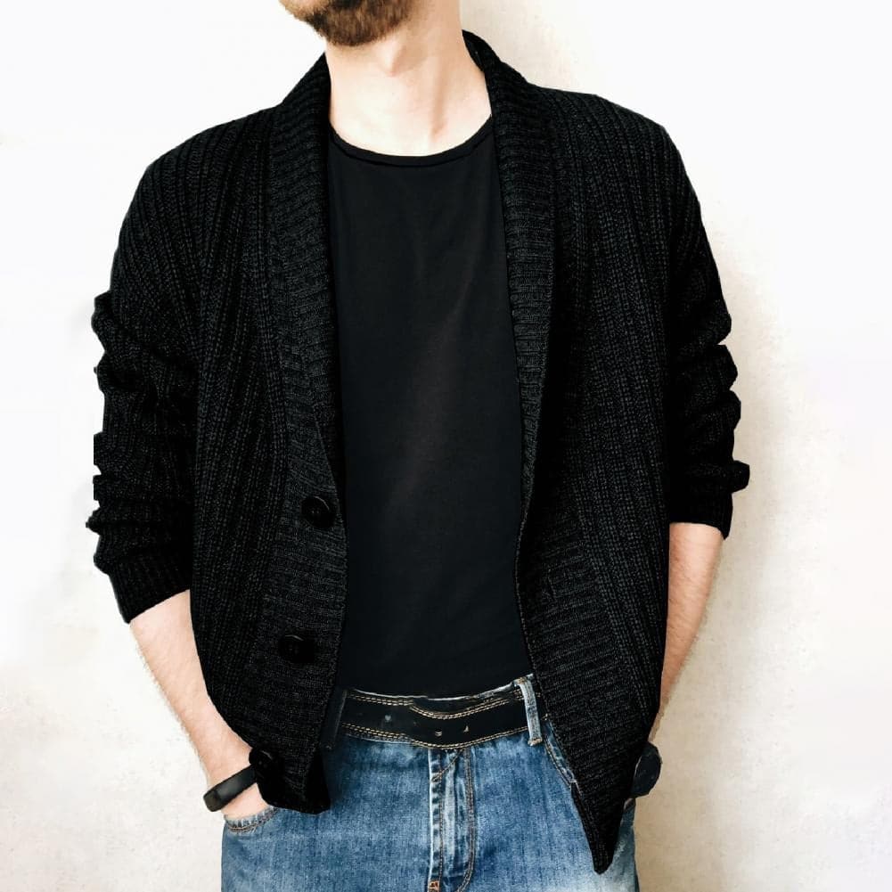 Men's Cardigan - Ribbed Knit - Shawl Collar - Button Closure - Soft and Comfortable