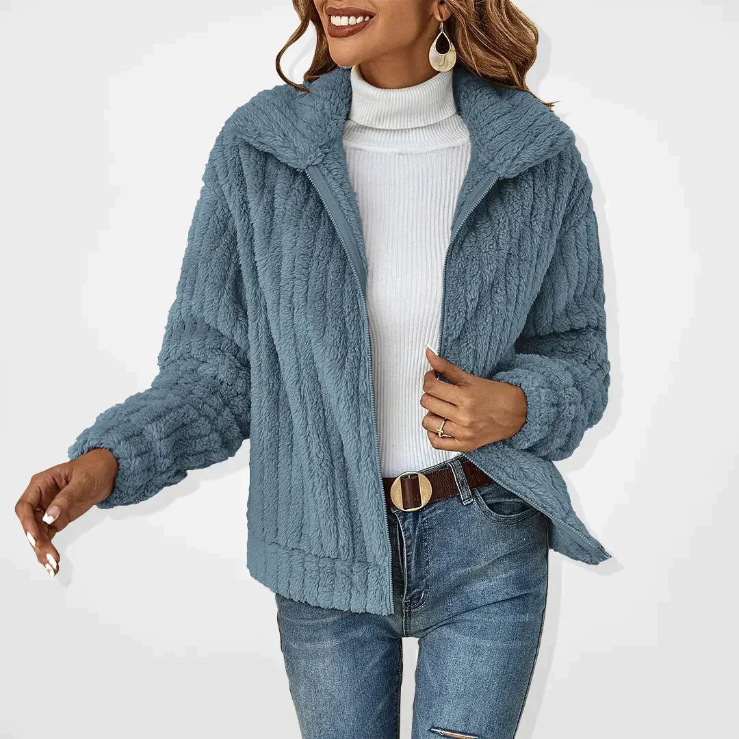 Women's Jacket – Soft Ribbed Texture – Relaxed Fit – High Collar with Zipper