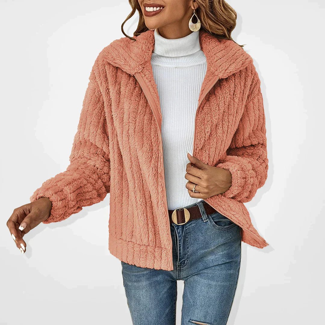 Women's Jacket – Soft Ribbed Texture – Relaxed Fit – High Collar with Zipper