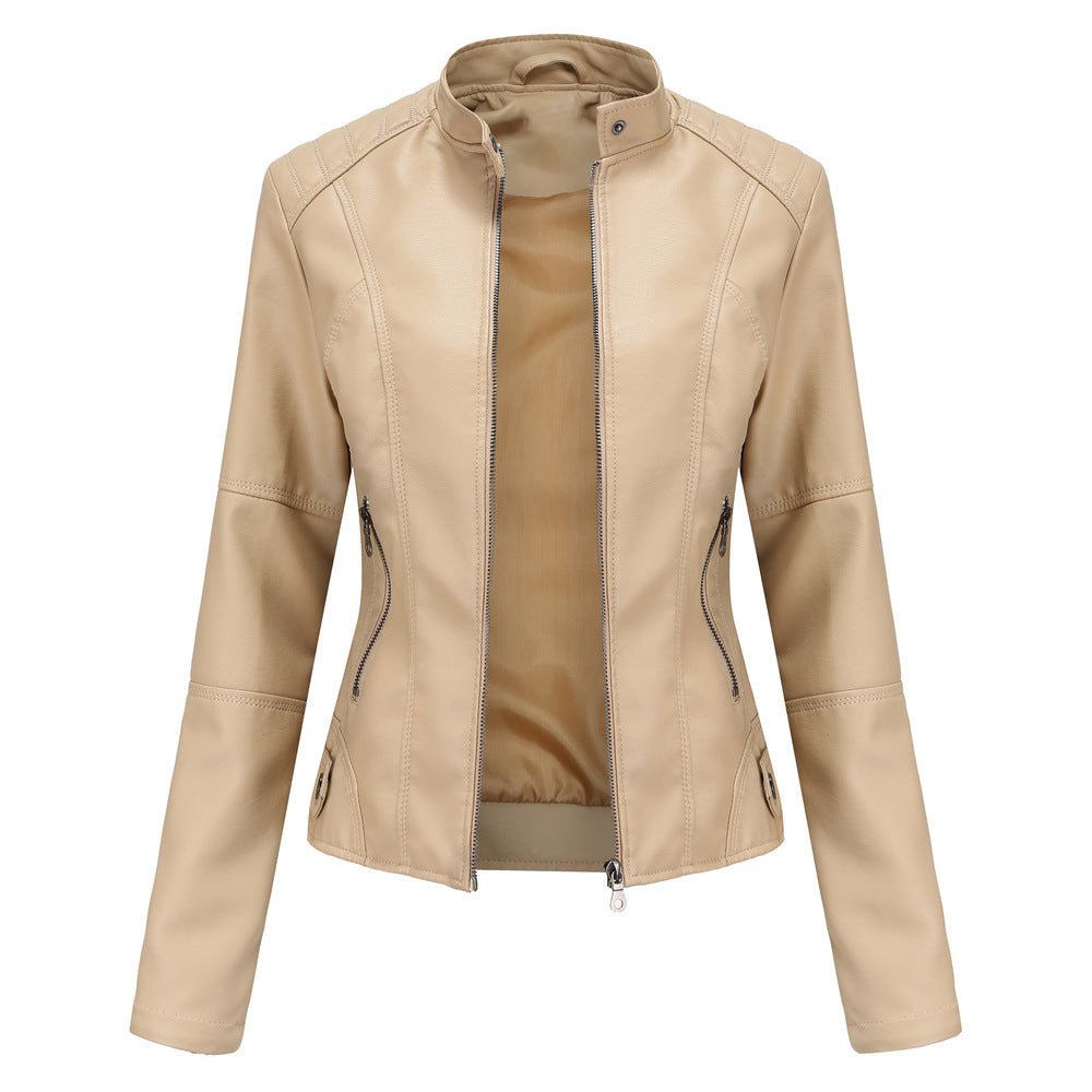 Women's Leather Jacket – Tailored Fit – Stand Collar – Zipper Closure – Long Sleeves