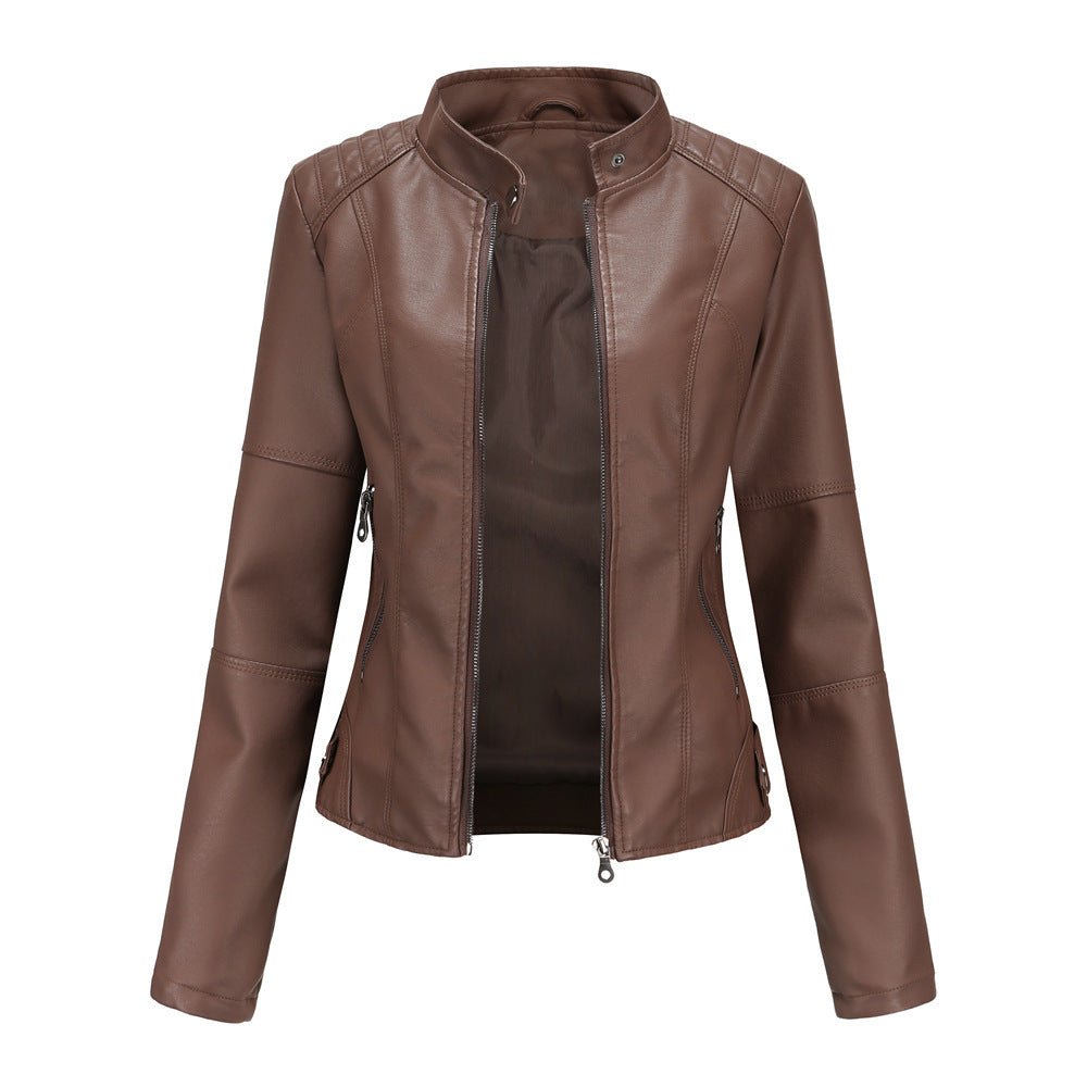 Women's Leather Jacket – Tailored Fit – Stand Collar – Zipper Closure – Long Sleeves