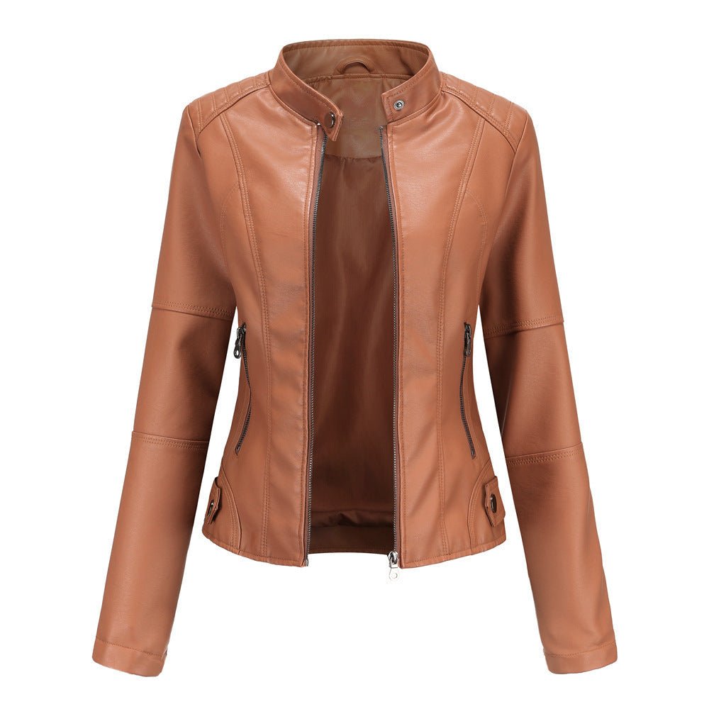 Women's Leather Jacket – Tailored Fit – Stand Collar – Zipper Closure – Long Sleeves