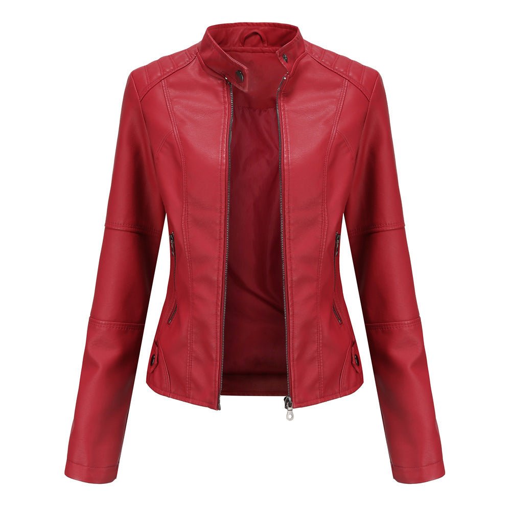 Women's Leather Jacket – Tailored Fit – Stand Collar – Zipper Closure – Long Sleeves
