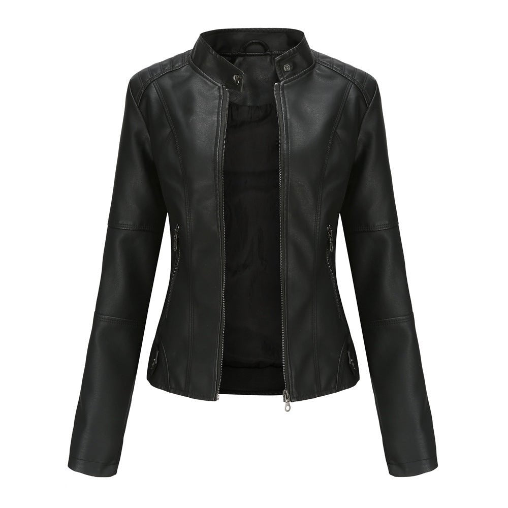 Women's Leather Jacket – Tailored Fit – Stand Collar – Zipper Closure – Long Sleeves