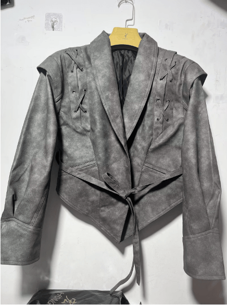 Women's Leather Jacket – Tailored Fit – Tie Belt – Shawl Collar – Lace Shoulders