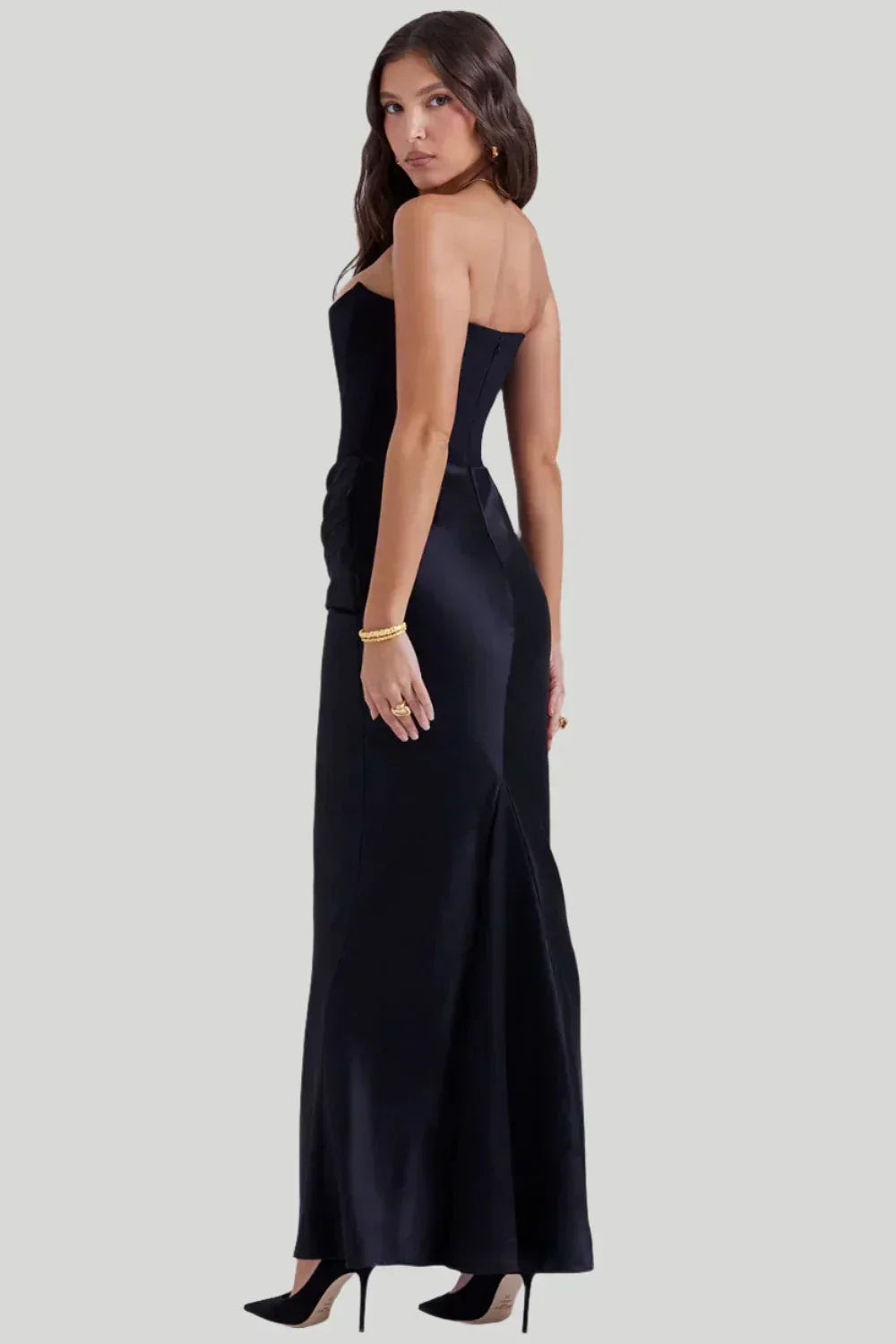 Dame Maxikjole – Stropløs – Elegant Draperet Pasform – Satinlook – Aftenbrug