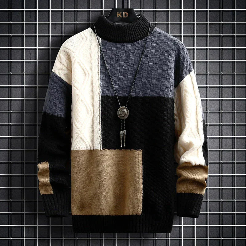 Men's Knit Sweater - High Neck - Cable Knit & Waffle Knit - Ribbed Edges - Warm & Stylish
