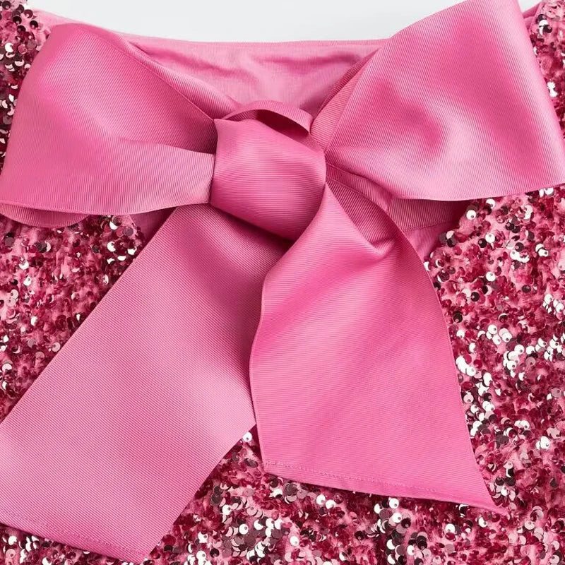 Women's Dress - Textured Fabric - Long Sleeves - Elegant Bow Detail - Knee Length