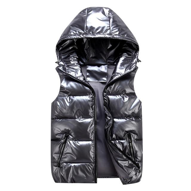 Men’s Vest - Woven - Quilted - High-Neck Hood - Sleeveless - Hip Length