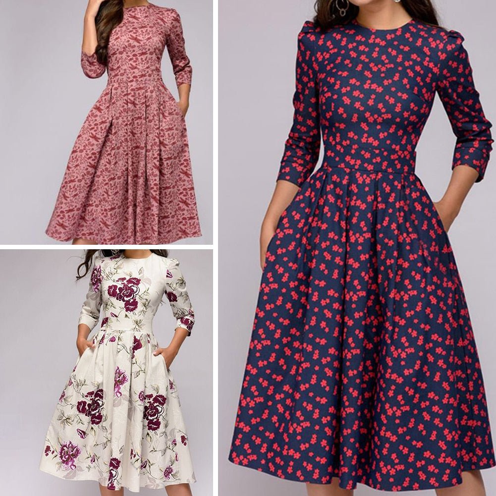 Women's Dress - Midi Length - A-Line Fit - Floral Print - 3/4 Sleeves with Pockets