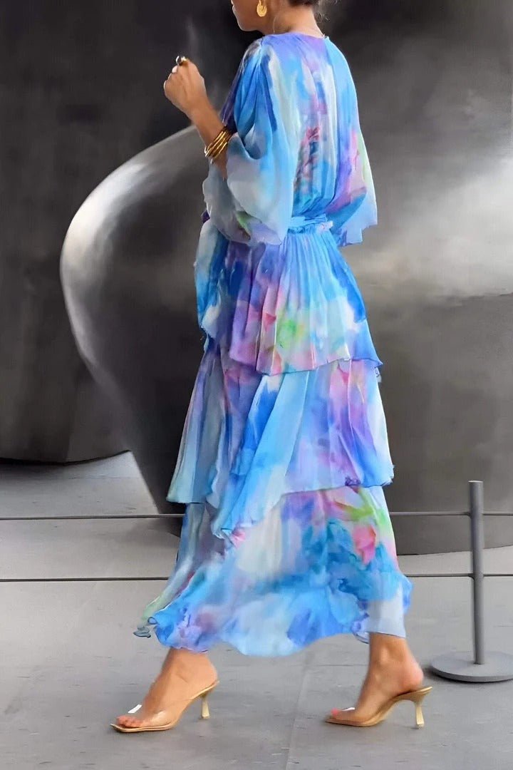 Women's Maxi Dress – Elegant Wrap Design – Ruched Skirt – Puff Sleeves – Lightweight Fabric