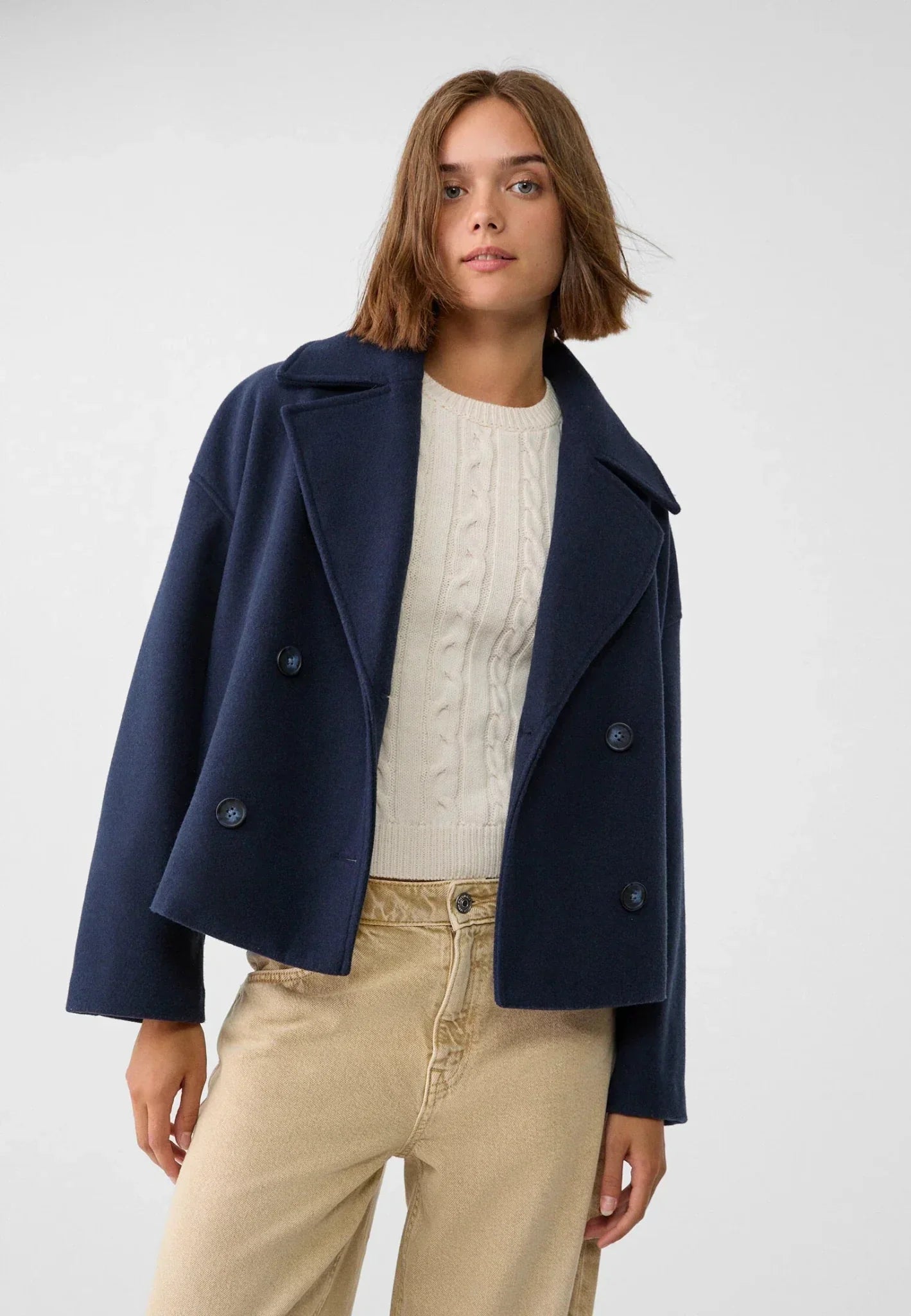 Isabella Wool Pea Coat Jacket | Double-Breasted Cropped Jacket