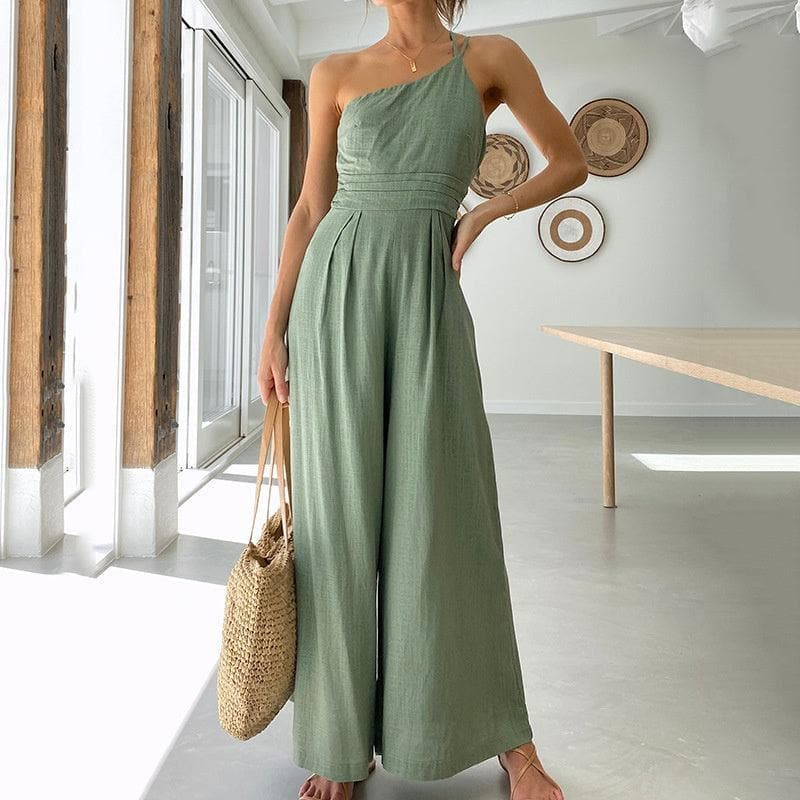 Dame Jumpsuit - One-Shoulder Design - Taljeret Pasform - Brede Ben - Elegant & Komfortabel
