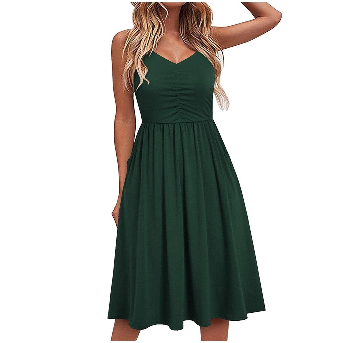 Women's Midi Dress - Fit & Flare - V-neck - Sleeveless with Spaghetti Straps - Elegant & Comfortable