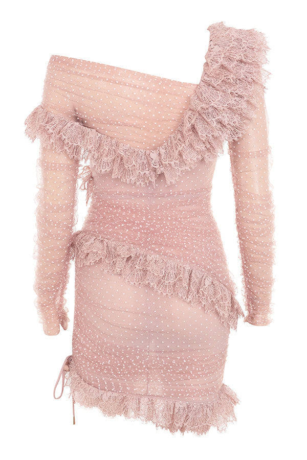 Dame Mini Kjole - Off-Shoulder - Figursyet - Mesh med Prikker - Flæser og Blondekant