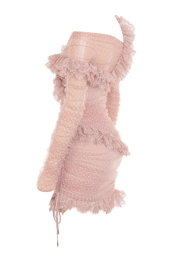 Women's Mini Dress - Off-Shoulder - Tailored - Mesh with Dots - Ruffles and Lace Trim