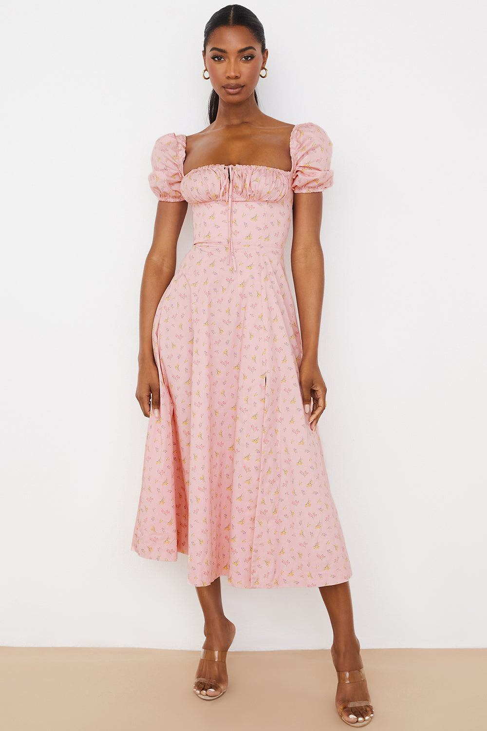 Women's Midi Dress – Breathable Mix – Ruched Bodice – Puff Sleeves – Square Neckline