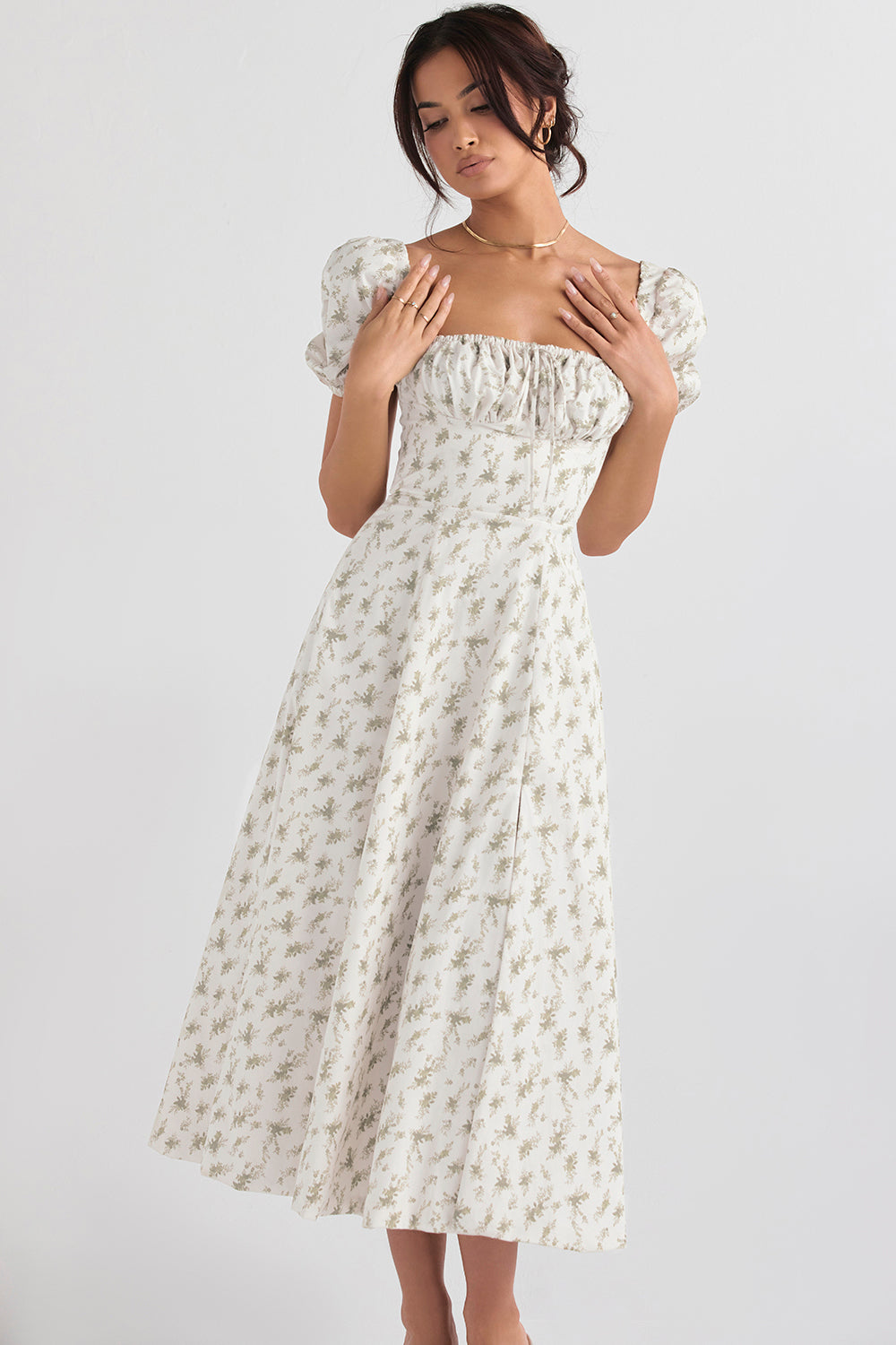 Women's Midi Dress – Breathable Mix – Ruched Bodice – Puff Sleeves – Square Neckline