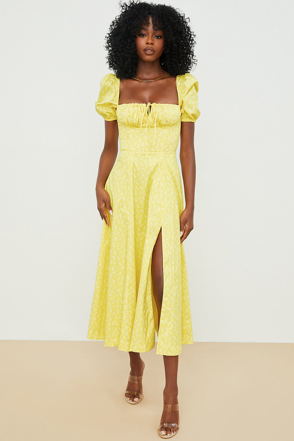 Women's Midi Dress – Breathable Mix – Ruched Bodice – Puff Sleeves – Square Neckline