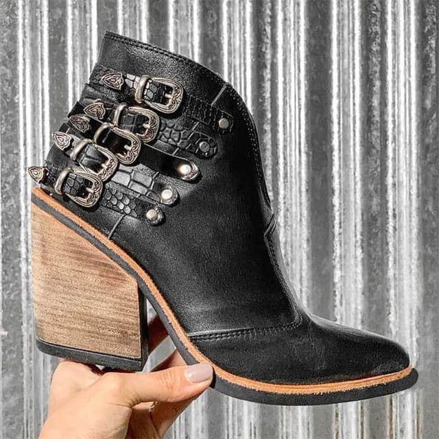 Women's Ankle Boots - High Block Heel - Buckles & Studs - Pointed Toe - Modern Design