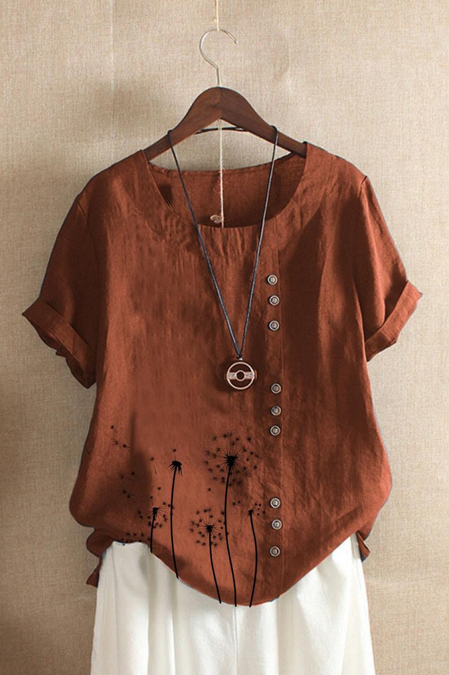 Women's T-shirt – Relaxed Fit – Short Sleeves – Cotton Feel – Decorative Buttons