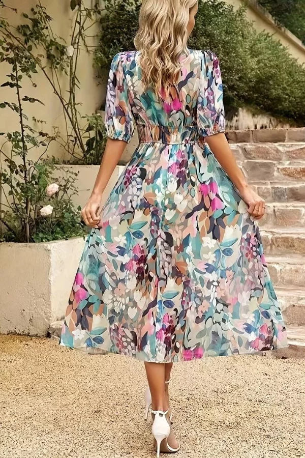 Dress for Women – Midi – Flowy Fit – V-Neck – Puff Sleeves – Floral Print