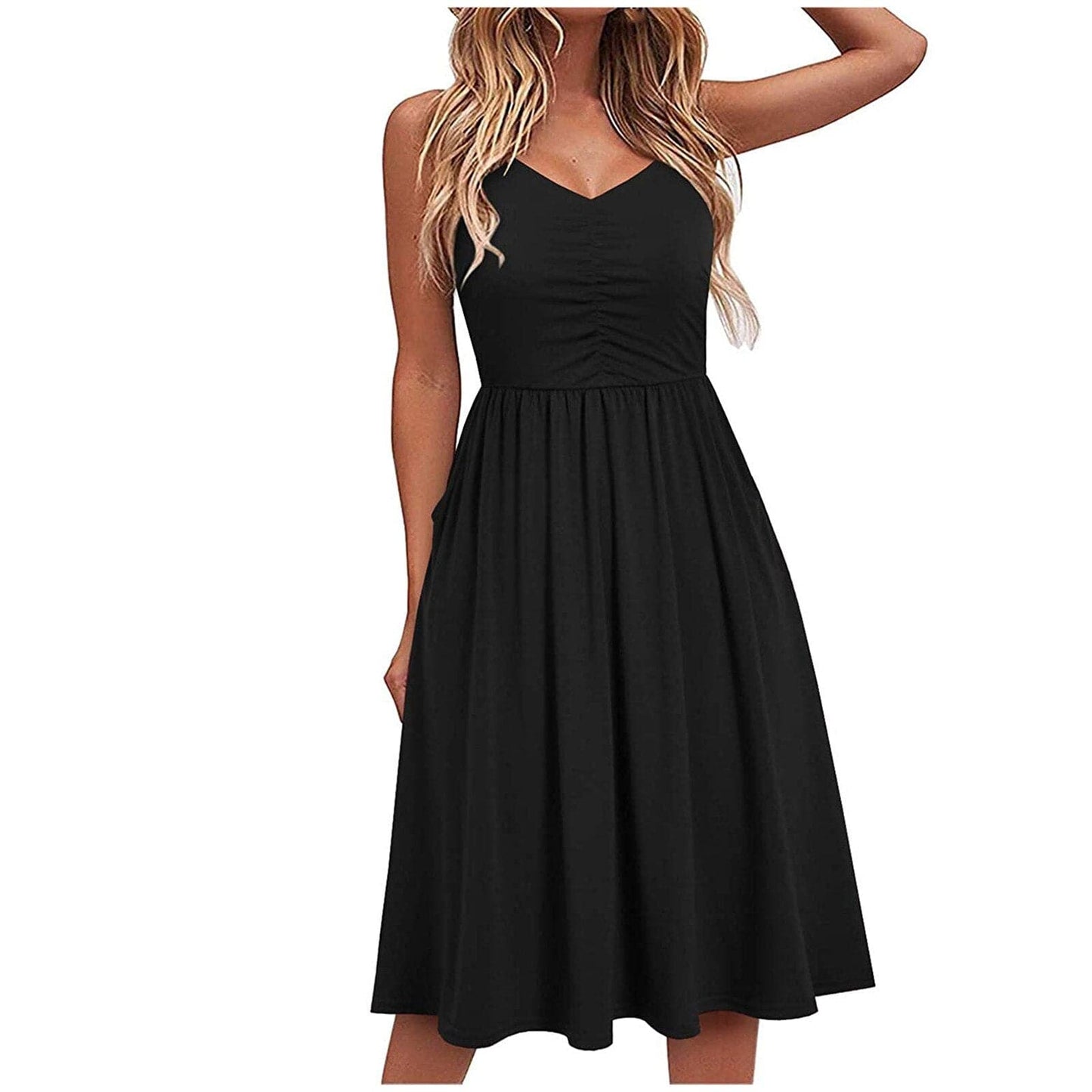 Women's Midi Dress - Fit & Flare - V-neck - Sleeveless with Spaghetti Straps - Elegant & Comfortable