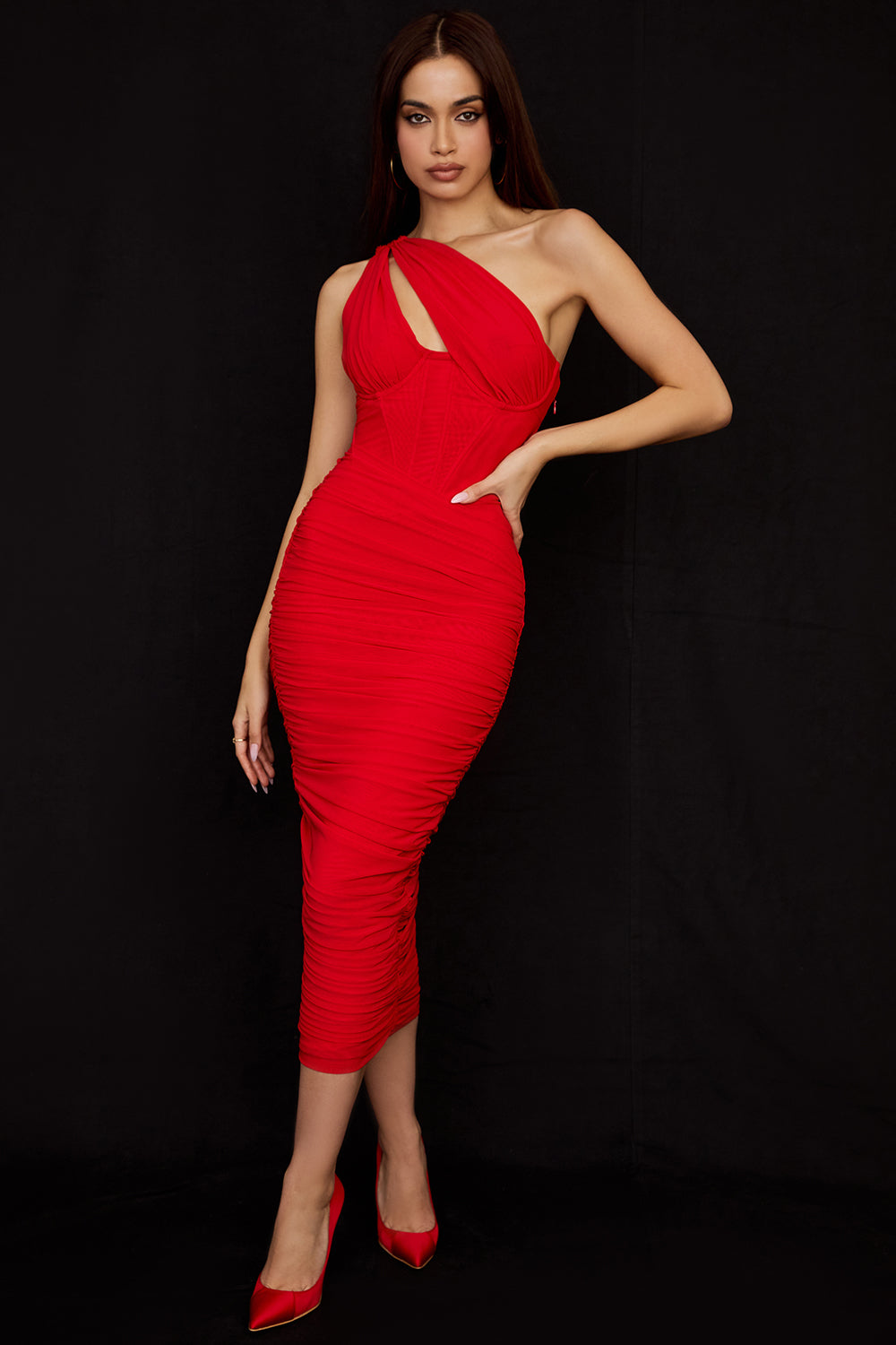 Women's Dress – Midi – Slim Fit – Asymmetric Neckline – Corset Detail – Ruched Design