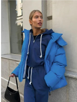 Women's Down Jacket - Quilted Design - With Hood and High Collar - Long and Warm