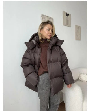 Women's Down Jacket - Quilted Design - With Hood and High Collar - Long and Warm
