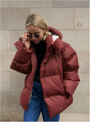 Women's Down Jacket - Quilted Design - With Hood and High Collar - Long and Warm