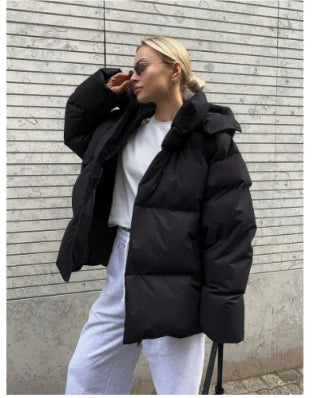 Women's Down Jacket - Quilted Design - With Hood and High Collar - Long and Warm