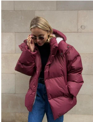 Women's Down Jacket - Quilted Design - With Hood and High Collar - Long and Warm