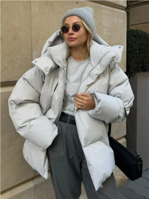 Women's Down Jacket - Quilted Design - With Hood and High Collar - Long and Warm