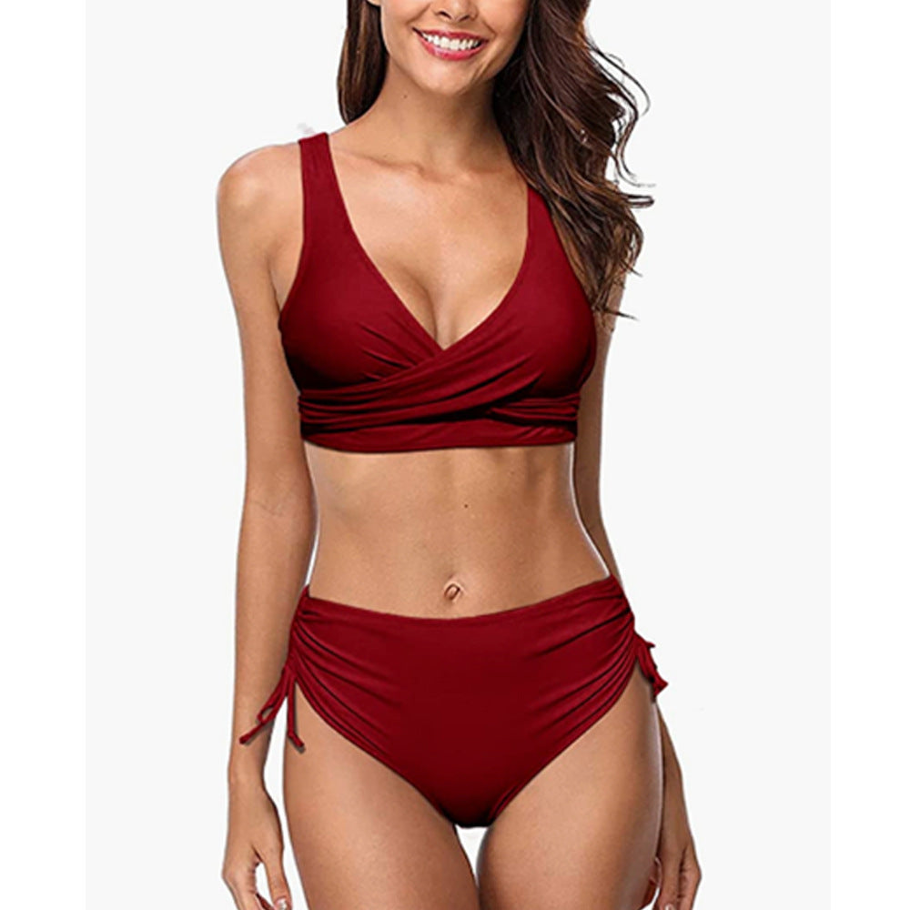 Dame Bikini Sæt - Højtaljet Bund - V-Hals Wrap Overdel - Justerbar & Støttende Fit