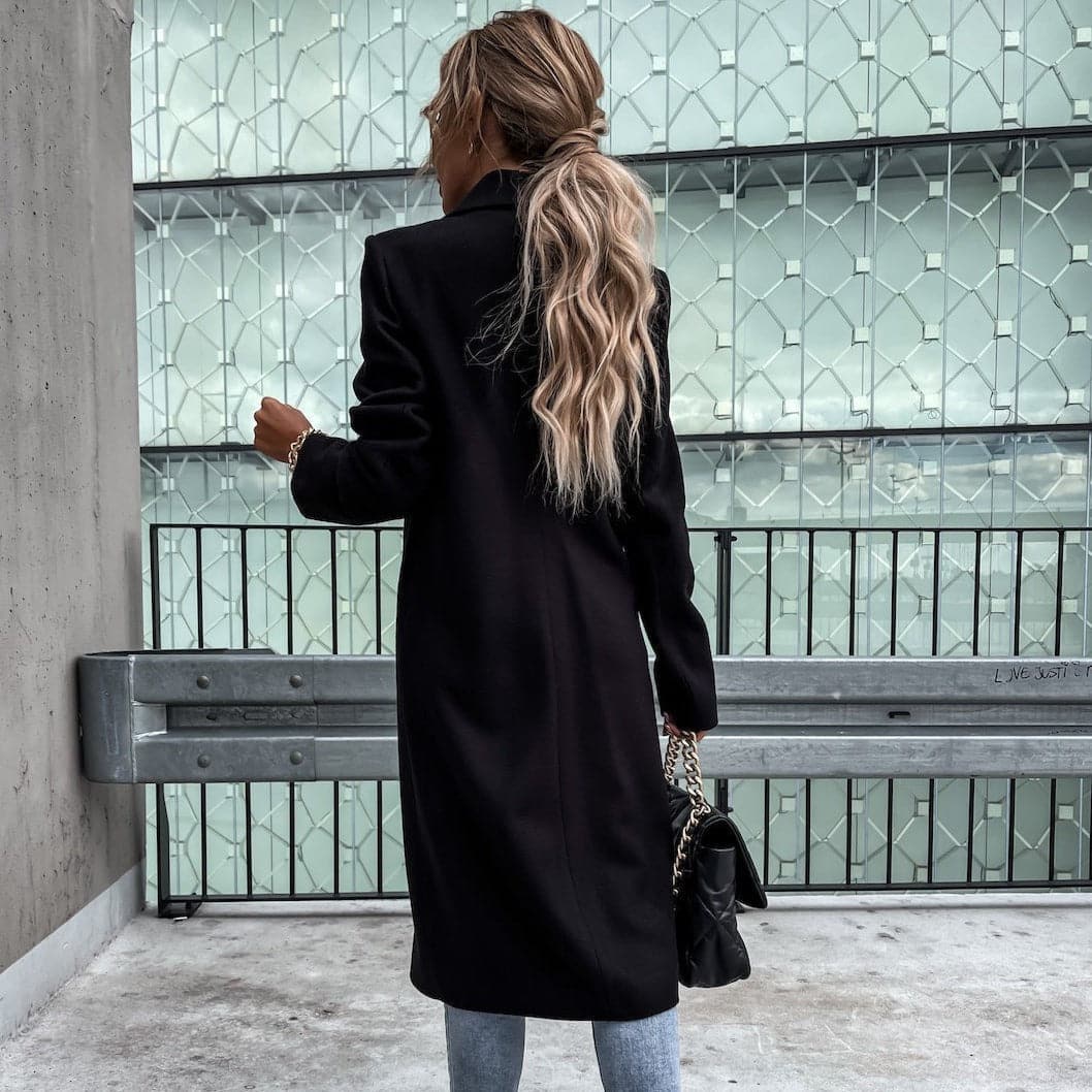 Women Long Coat - Wool Blend - Classic Cut - Single-Breasted with Side Pockets