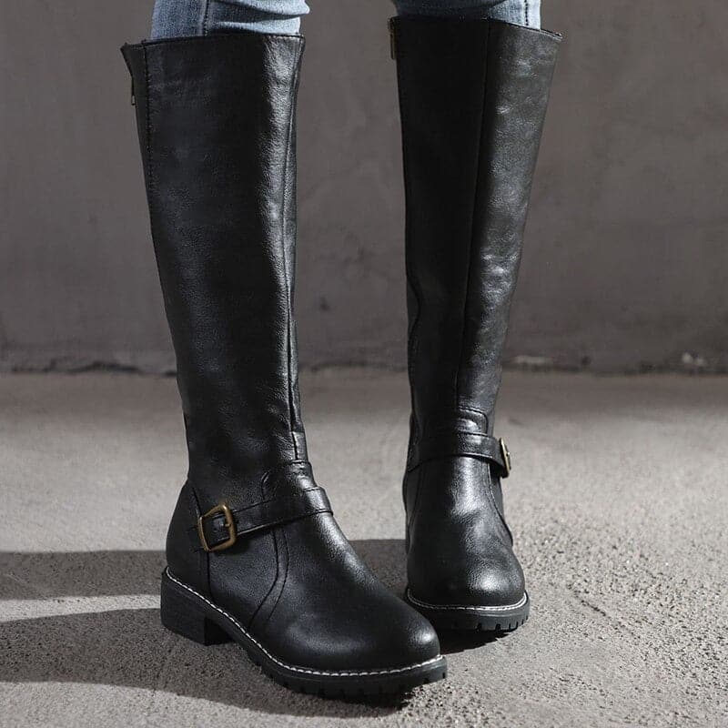 Amelia Leather Knee-High Boots | Low Block Heel Buckle Detail Boots