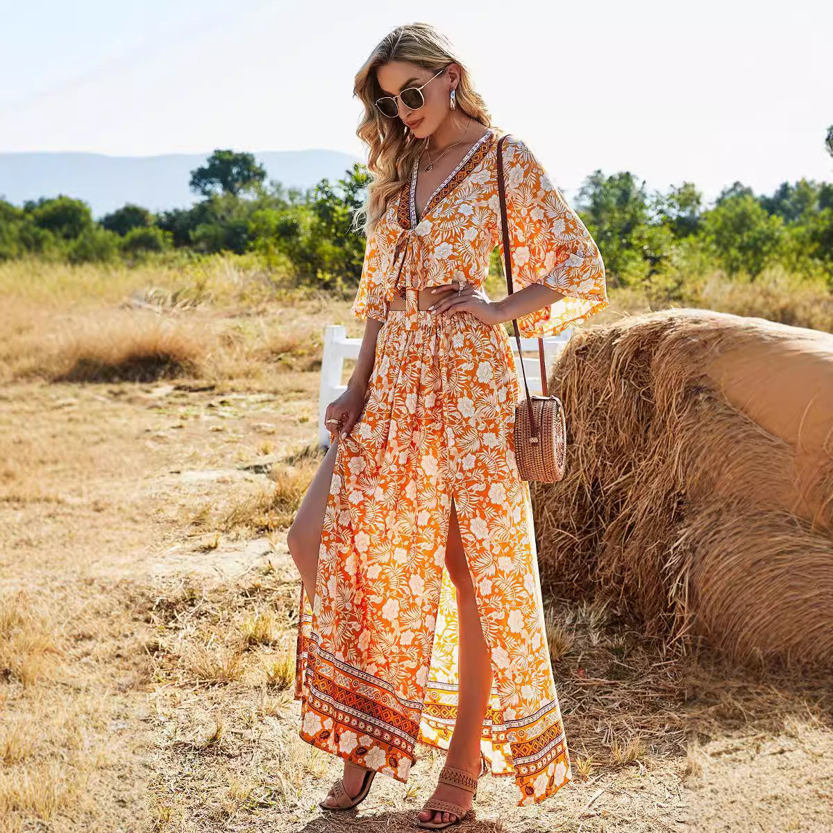 Women's Floral Long Skirt - V-Neck Top - Two-Piece Set