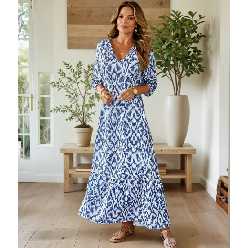 Women's Maxi Dress – Airy Fit – V-Neck – Short Sleeves – Boho Tassel Detail