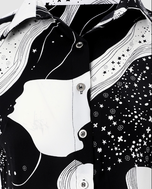 Women's Blouse - Elegant Satin Look - Long-Sleeved with Buttons - Modern Pattern