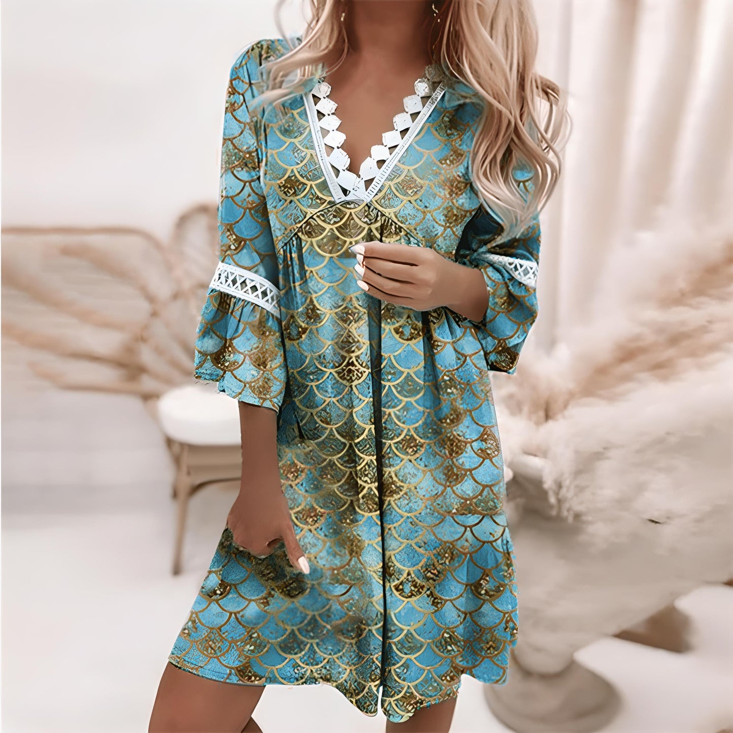 Dame Kjole – V-hals med Blondekant – Blomstret – A-formet – 3/4 Ærmer