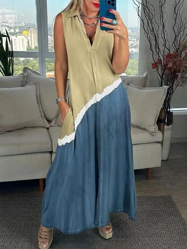Women's Maxi Dress – Sleeveless – Color Block Design – Collar – Light and Breathable Fit